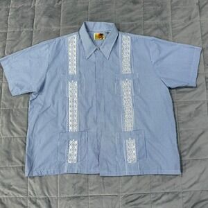 Haband Guayabera Shirt 3X Blue White Striped Lace Panel 4 Pocket Short Sleeve